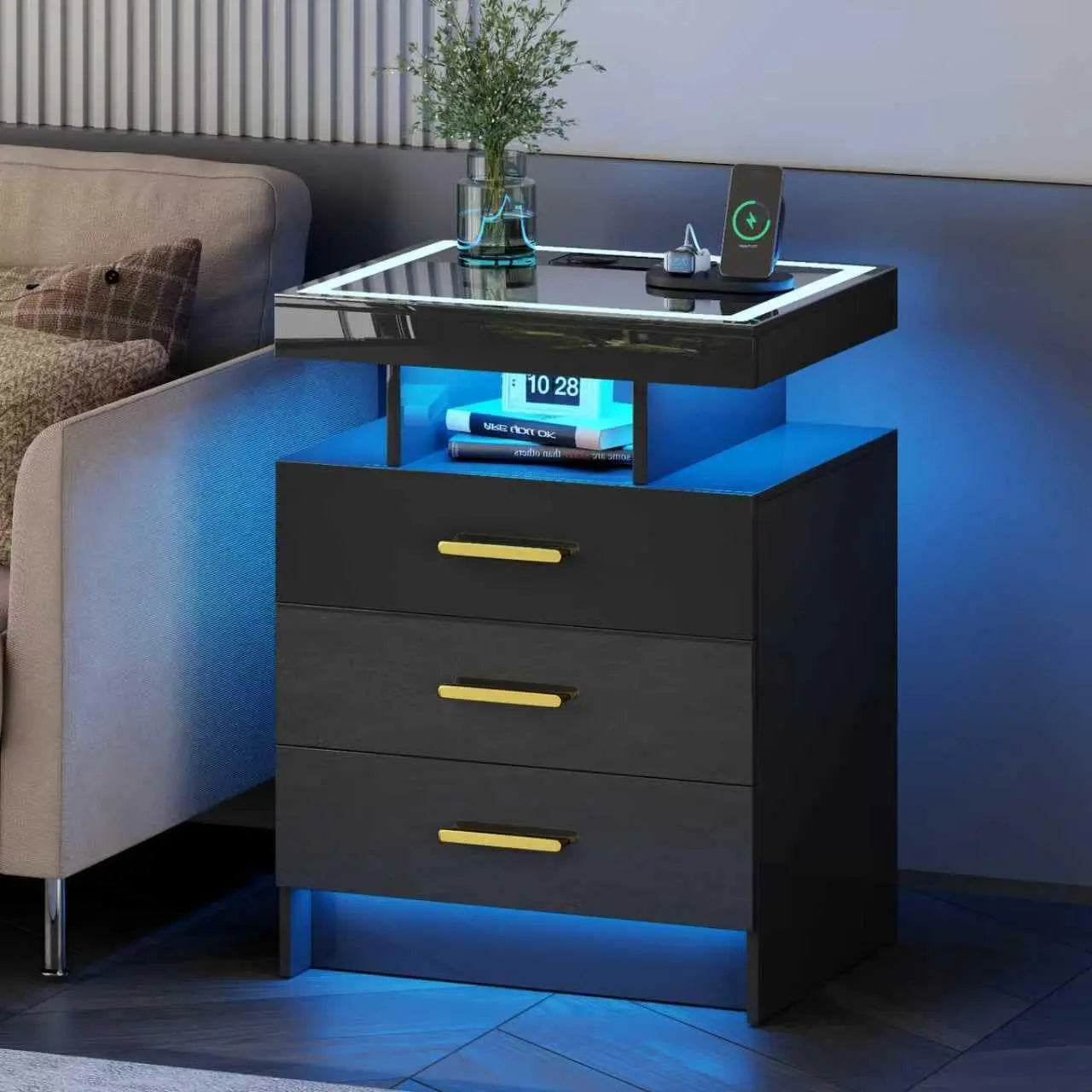 End Tables, Set-2 or Single, Charging Station 3 Drawers Glass Top