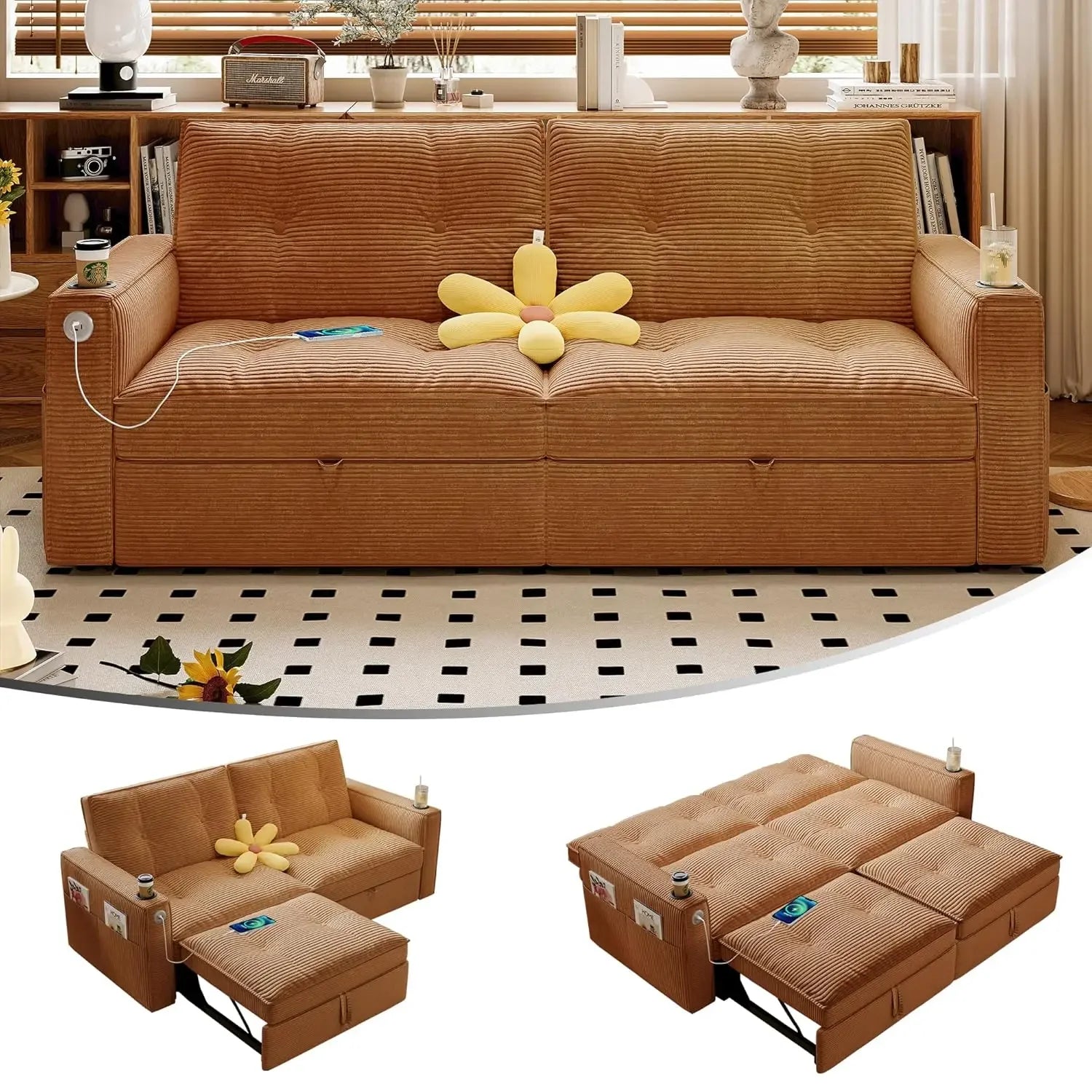 73" 2-Seater Queen Size Loveseat Sleeper Sofa, Pull Out Bed, USB