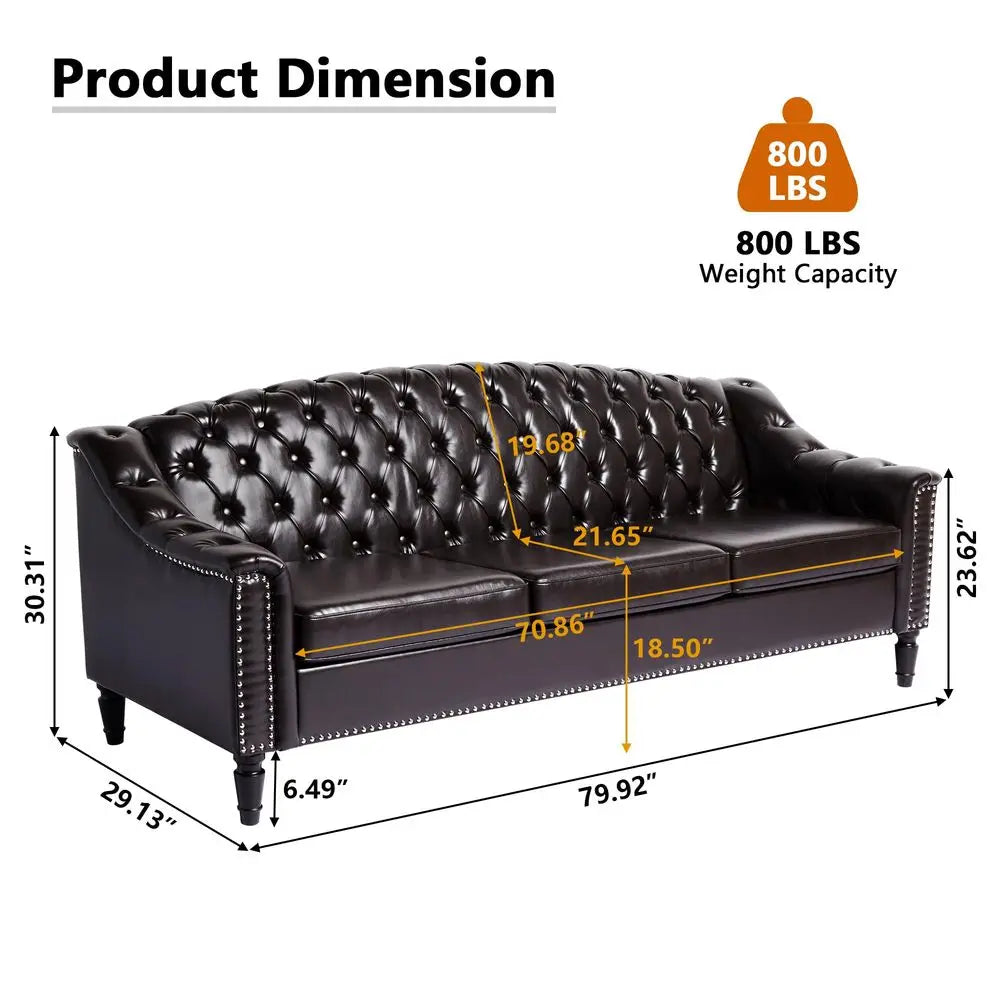 Leather Couch, 80IN, High Back, Chesterfield Sofa Sleeper Settee, Solid Wood Leg