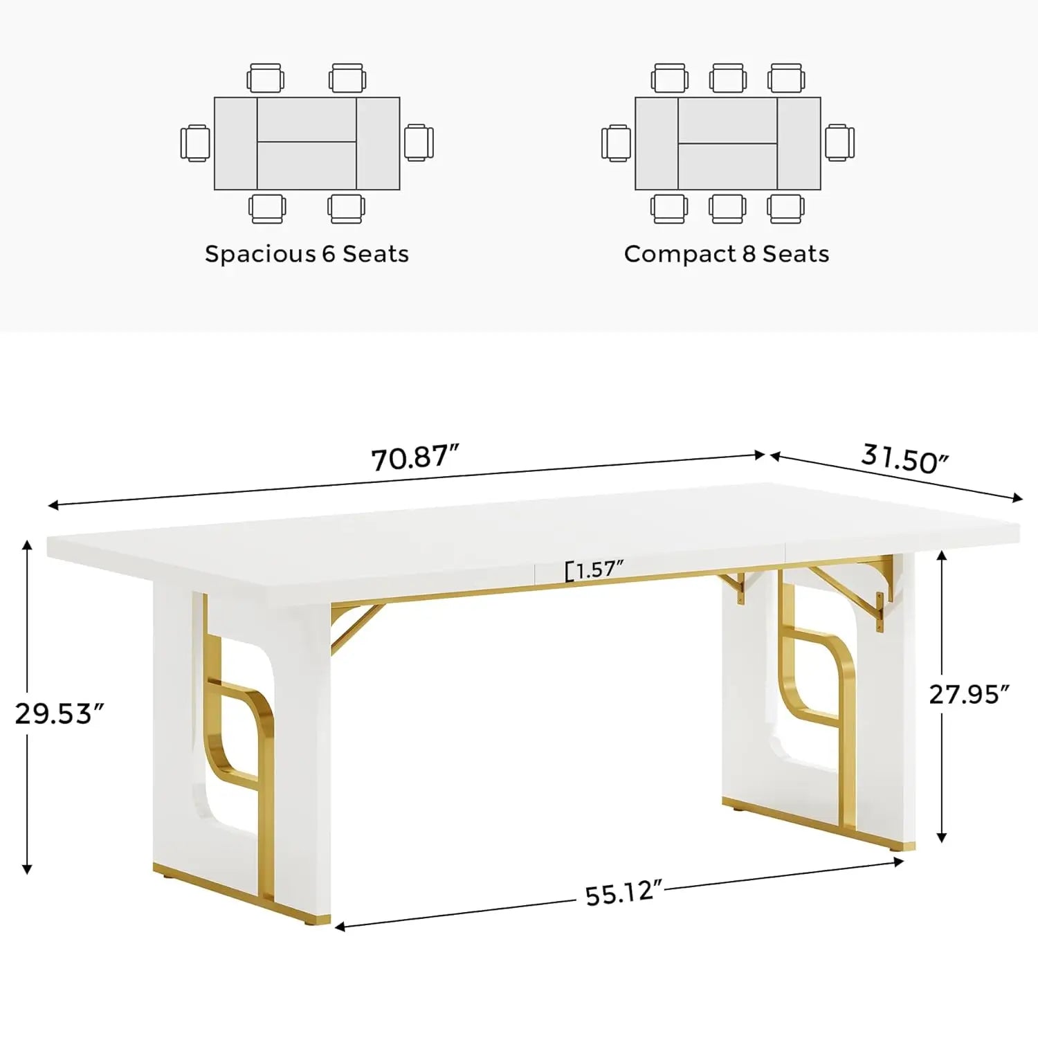 71'' Dining Table Seats 6-8, Metal Legs, Beige Gold, Black