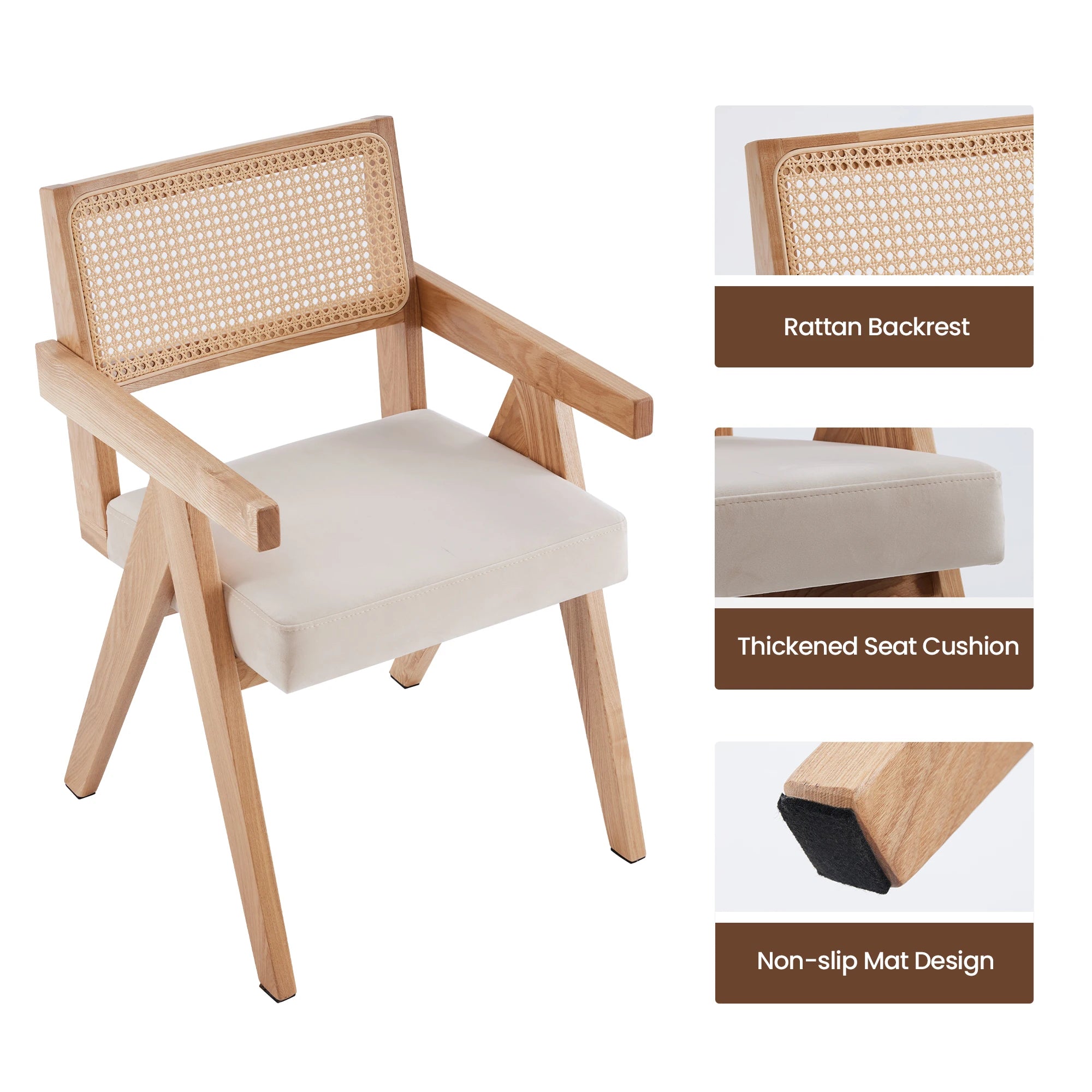 2 Rattan Chairs, Ash Wood Frame, Woven Rattan, Non-Slip Pads
