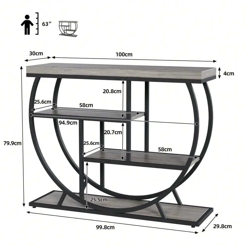 4-Tier Narrow Circle Base Wooden Sofa Table, Metal Frame