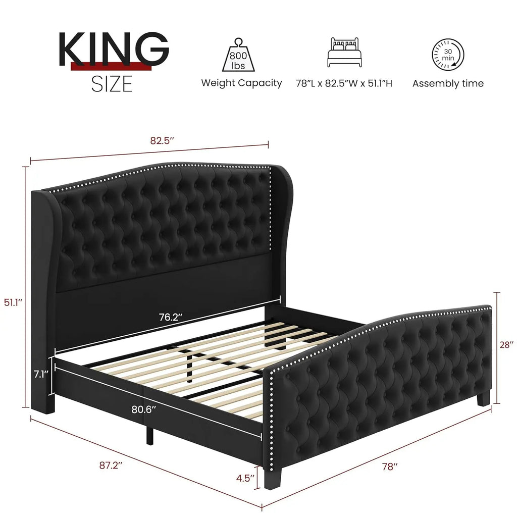 King Black Velvet Upholstered Platform Wingback Headboard Footboard Tufted Slats No Box Spring