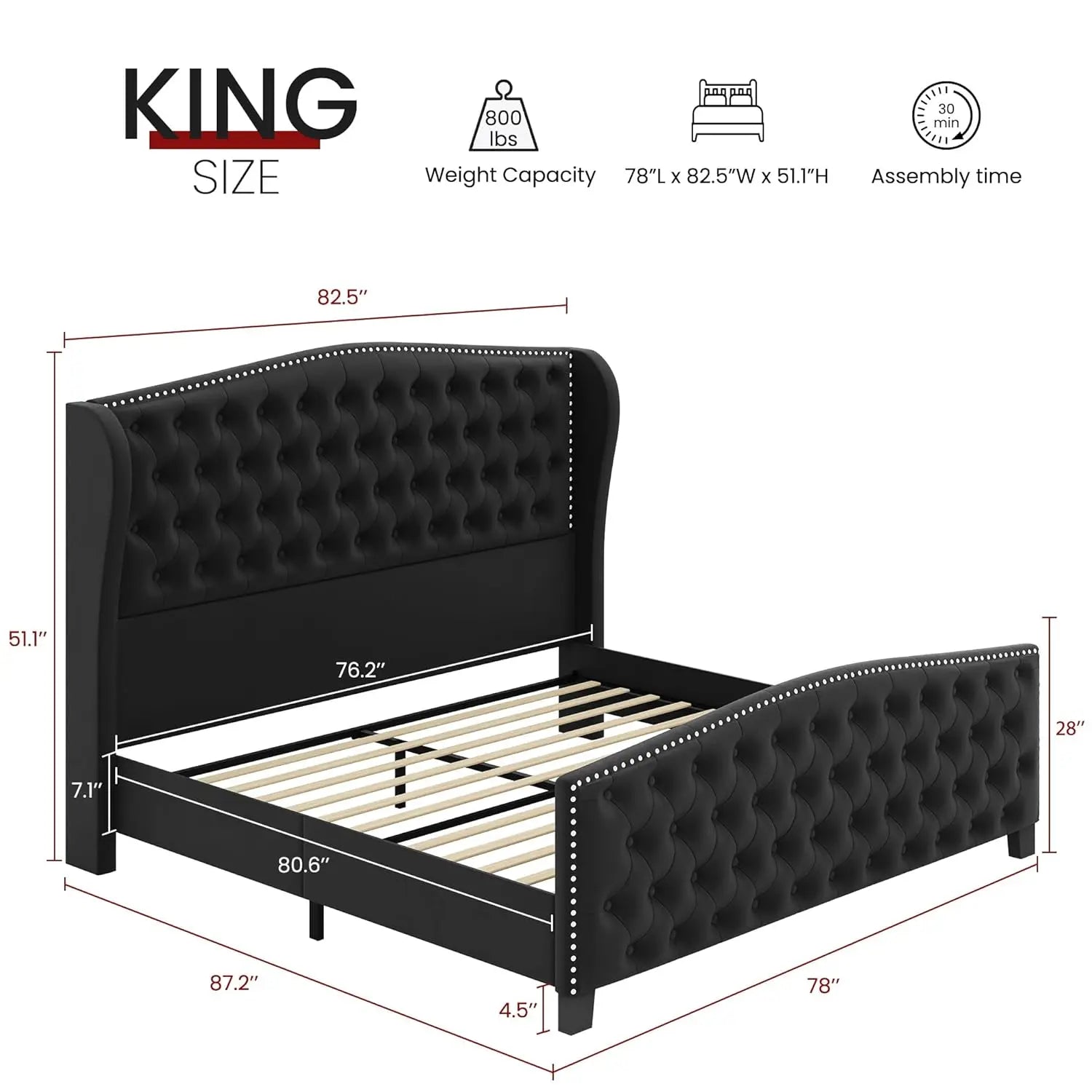 King Black Velvet Upholstered Platform Wingback Headboard Footboard Tufted Slats No Box Spring