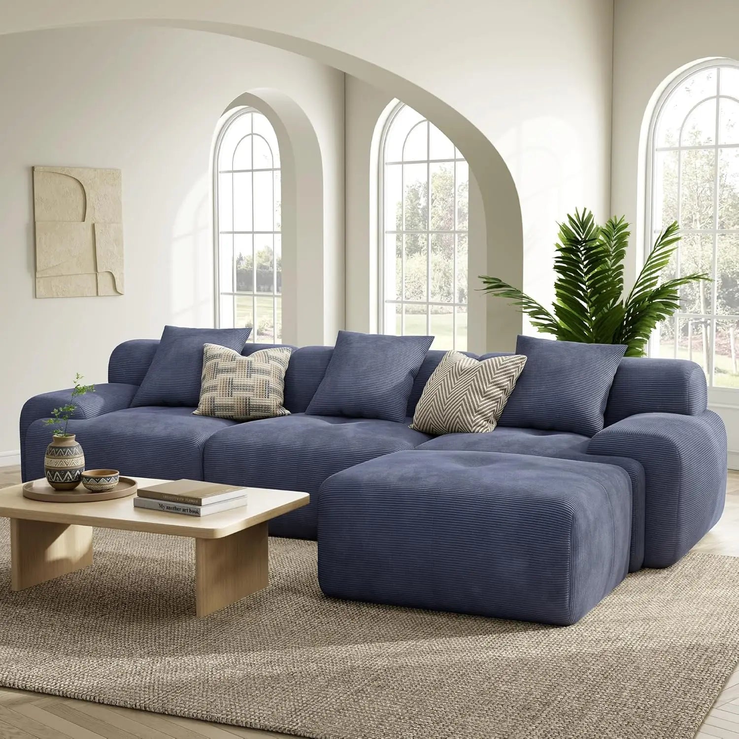 Sectional Sofa Ottoman 118"  L-Shaped Corduroy Deep Seat Oversized