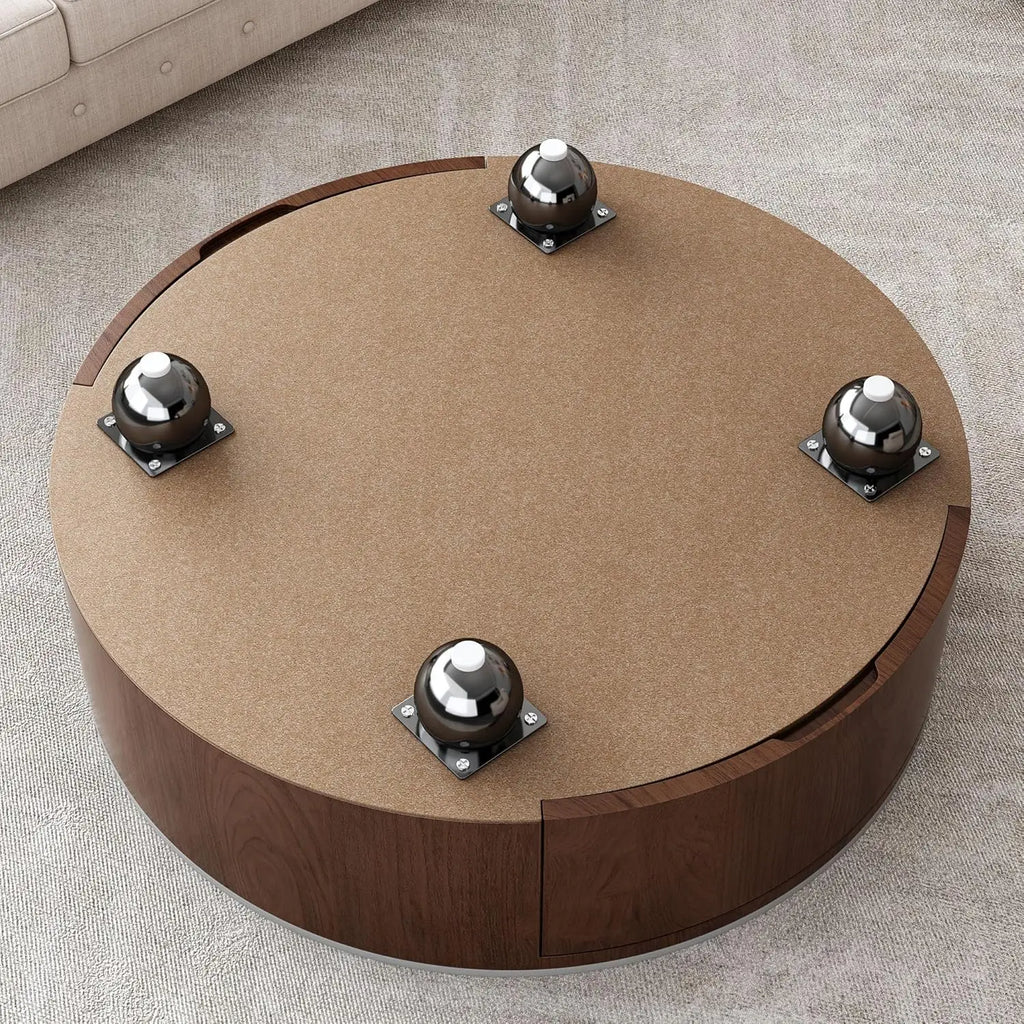 Round Coffee Table, Storage, 2 Drawers and Faux Marble Tabletop, Circle