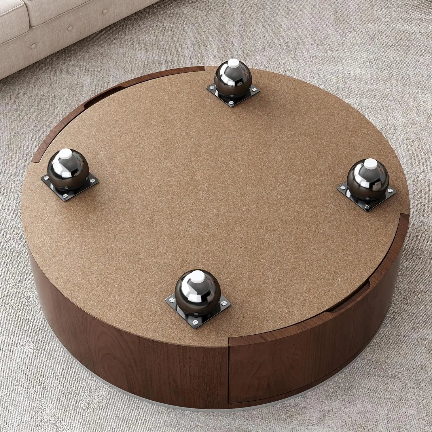 Round Coffee Table, Storage, 2 Drawers and Faux Marble Tabletop, Circle