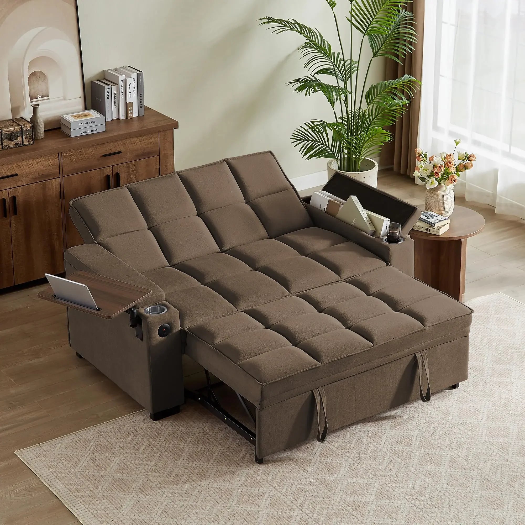 65'' 3-in-1 Folding, Pullout, Convertible Sofa Bed, 360° Swivel Side Table