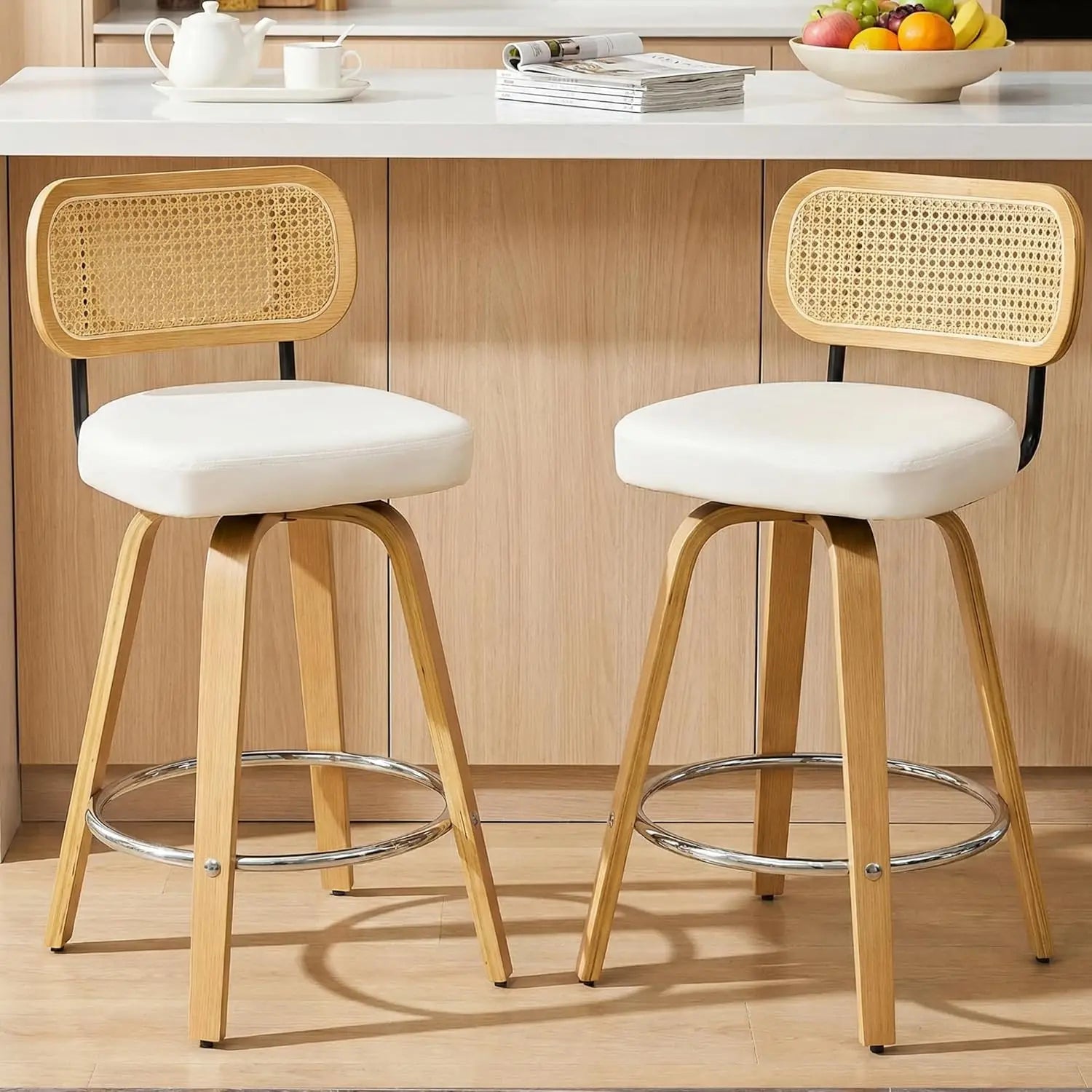 2 - Natural Rattan Bar Stools, Upholstered PU Leather
