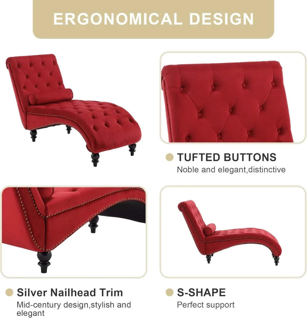 Velvet Upholstered Chaise Lounge with Pillow, Tufted Armless Recliner, Red