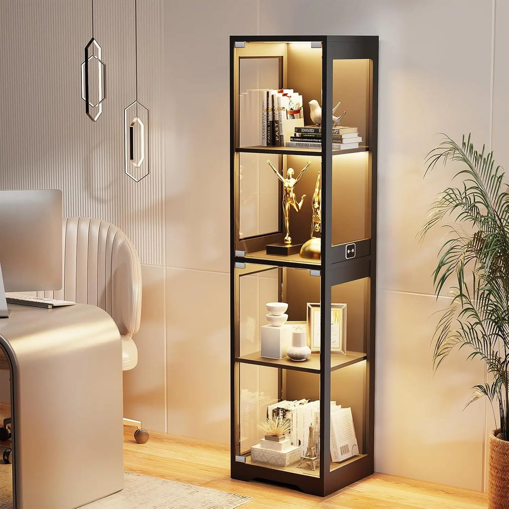 4-Tier Glass Display Cabinet,  Adjustable LED Lights and Sensor