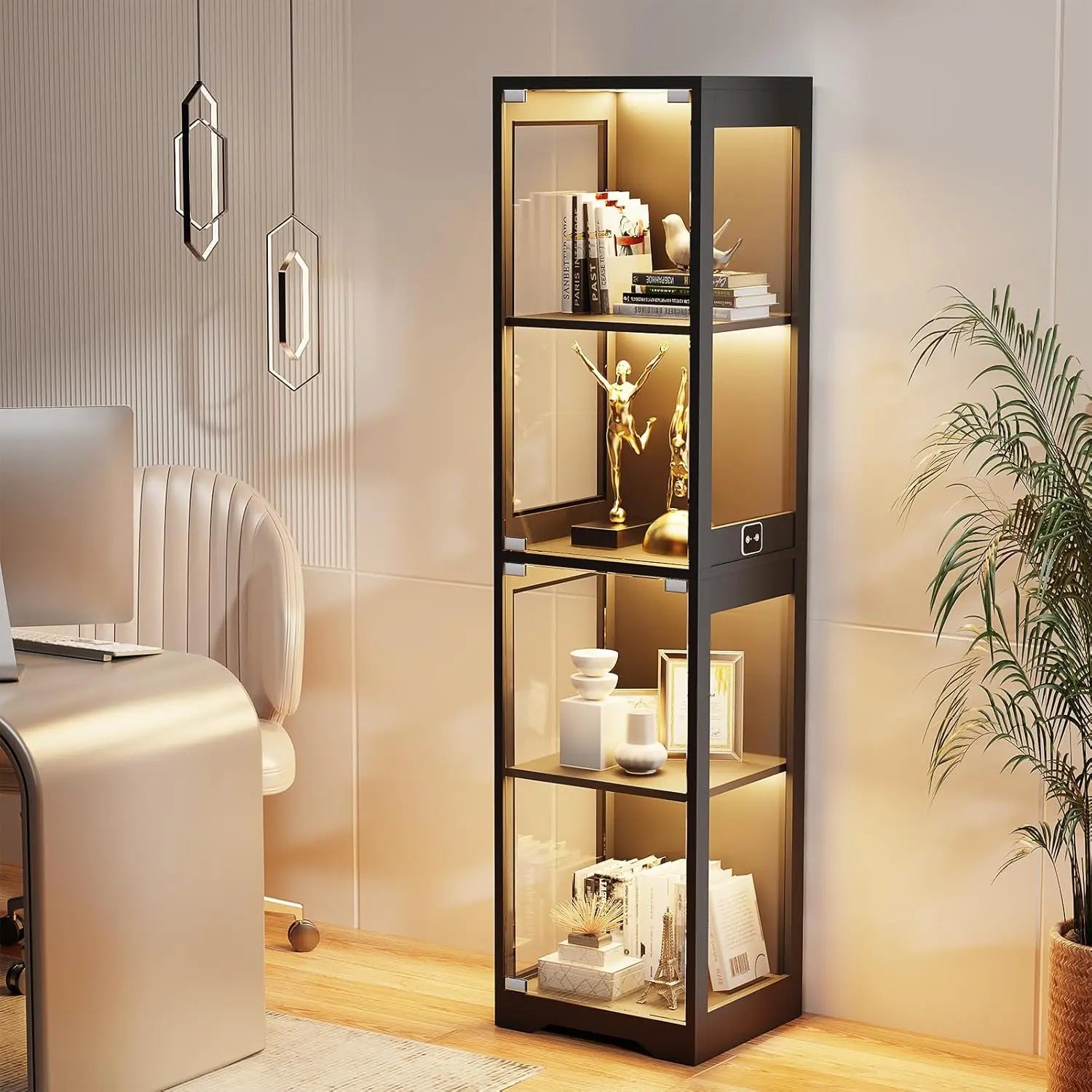 4-Tier Glass Display Cabinet,  Adjustable LED Lights and Sensor