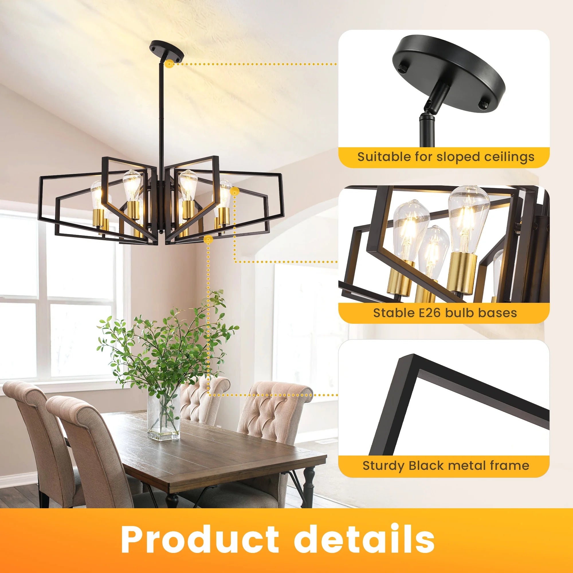 8-Light Chandelier, Adjustable Height, Black Frame, Golden Accents.