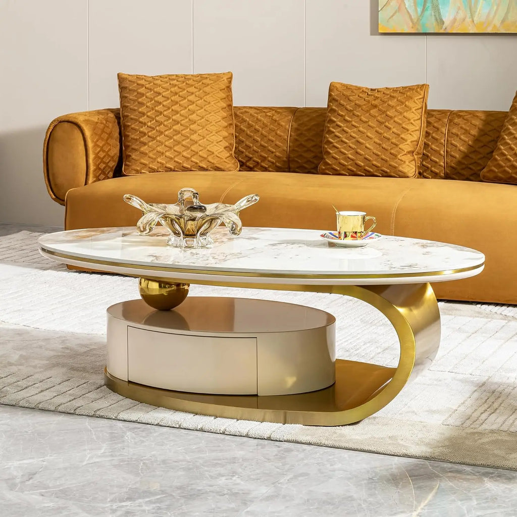 Coffee Table, Silver Stainless Steel Pedestal Oval Faux Marble Top.