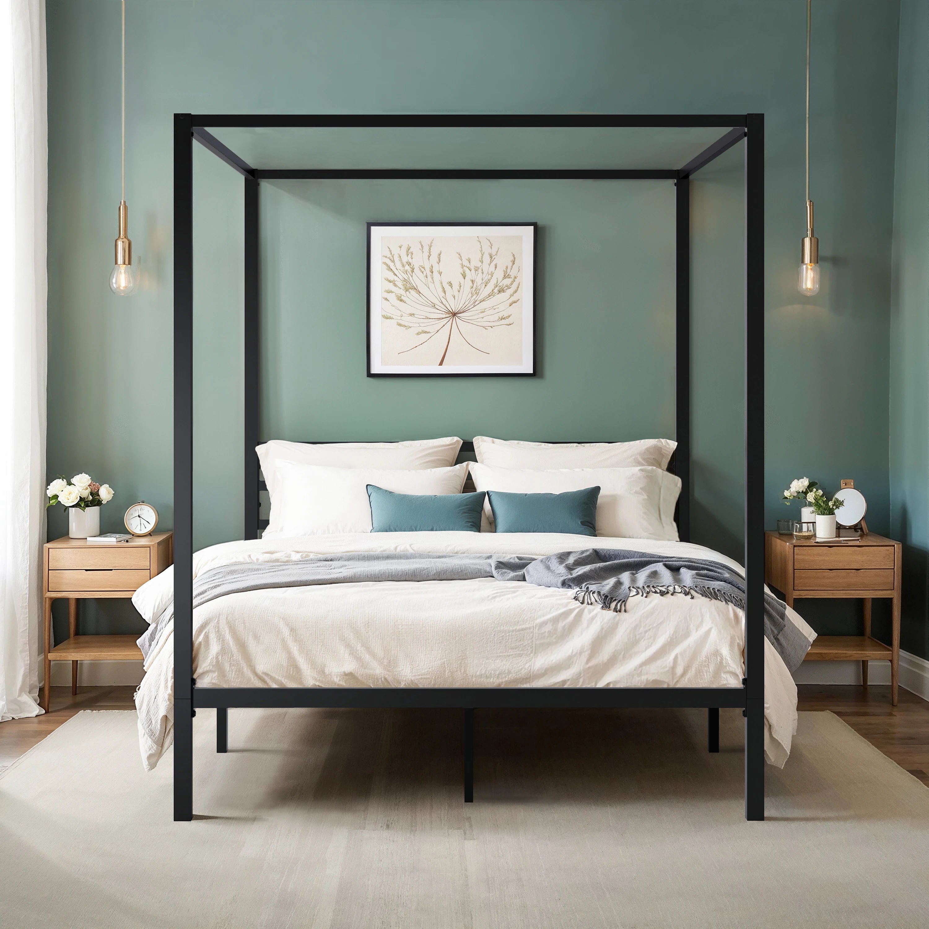 Canopy Bed Frame Enhanced 4-Poster 3-Metal Crossbar, No Box Spring Needed