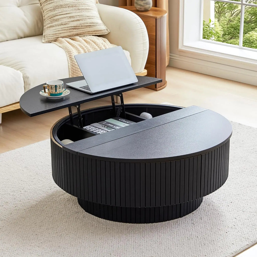31.5" Modern Round Accent Coffee Table, Fluted Base, Wooden Center, Storage