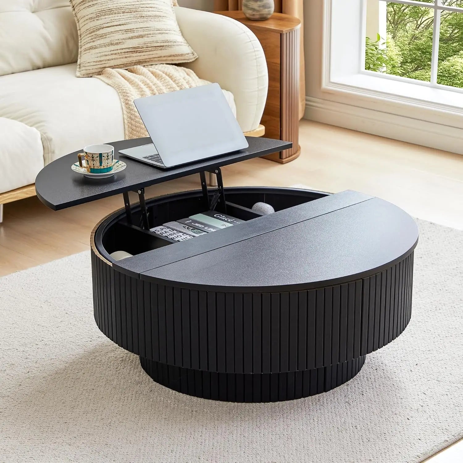 31.5" Modern Round Accent Coffee Table, Fluted Base, Wooden Center, Storage