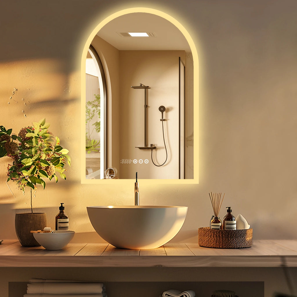 60x90CM Arched LED Mirror Backlit Frameless Antifog Time/Temperature Display