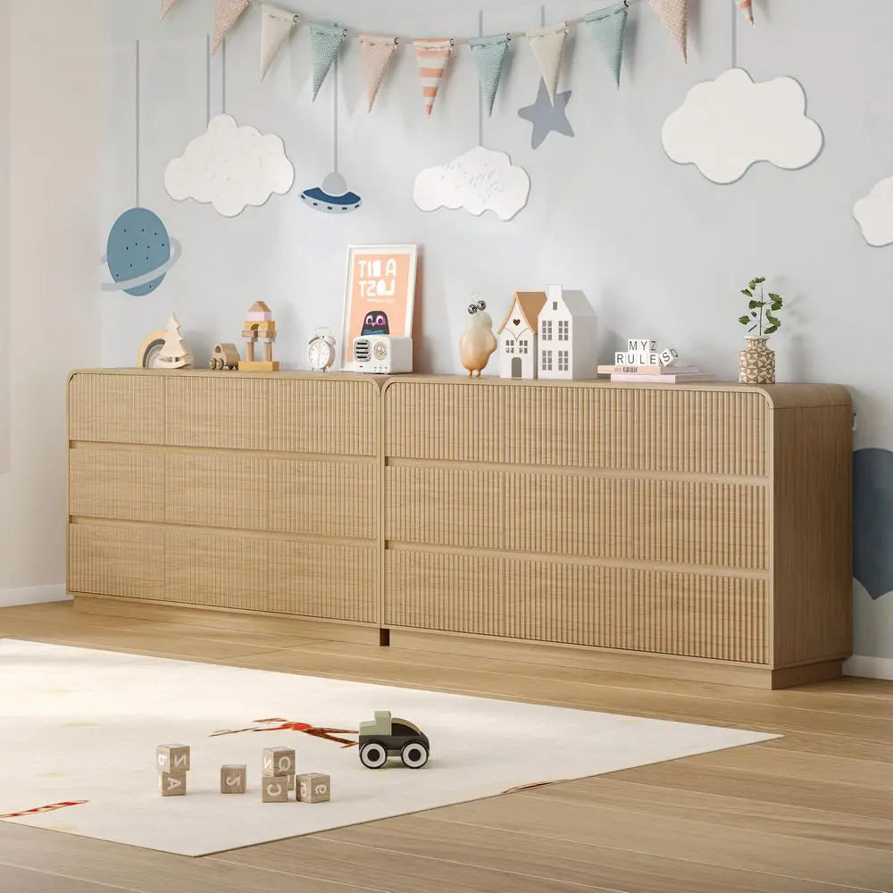 9-Drawer Dresser, Fluted Chest of Drawers Round Curved Corner, Hidden Handles