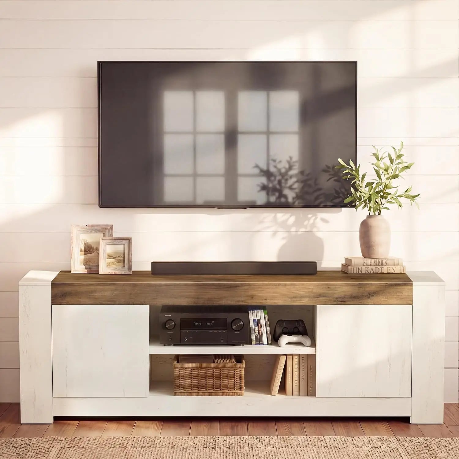 70IN Farmhouse TV Stand Media Console Table with Storage Cabinets