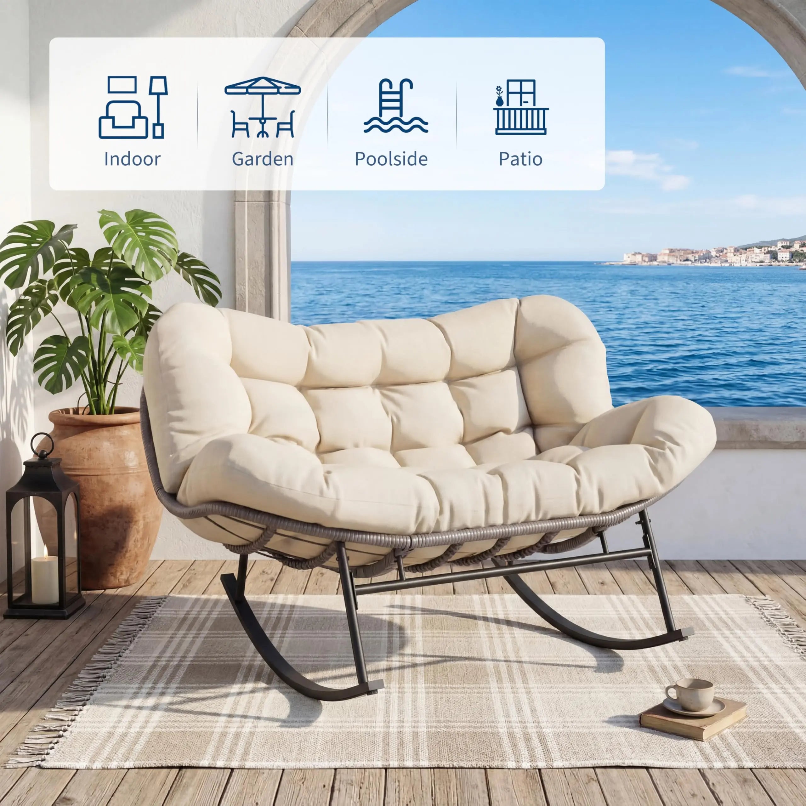 Oversized Papasan Double Wicker Egg Patio Rocking Chair Set W/Ottoman