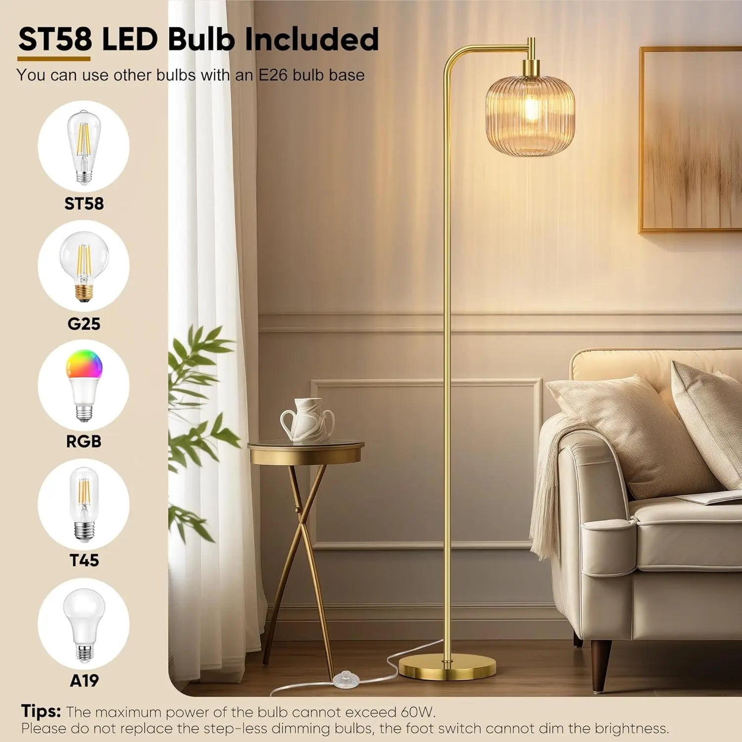 67" Glass Floor Lamp Ribbed Champagne Shade, Brushed Gold Finish