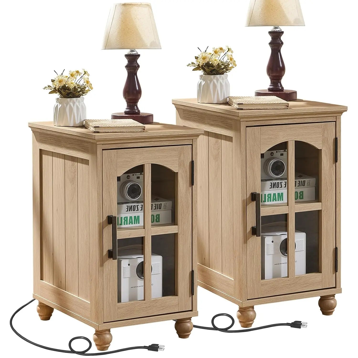 Narrow End Table Set of 2 Charging Station Glass Door