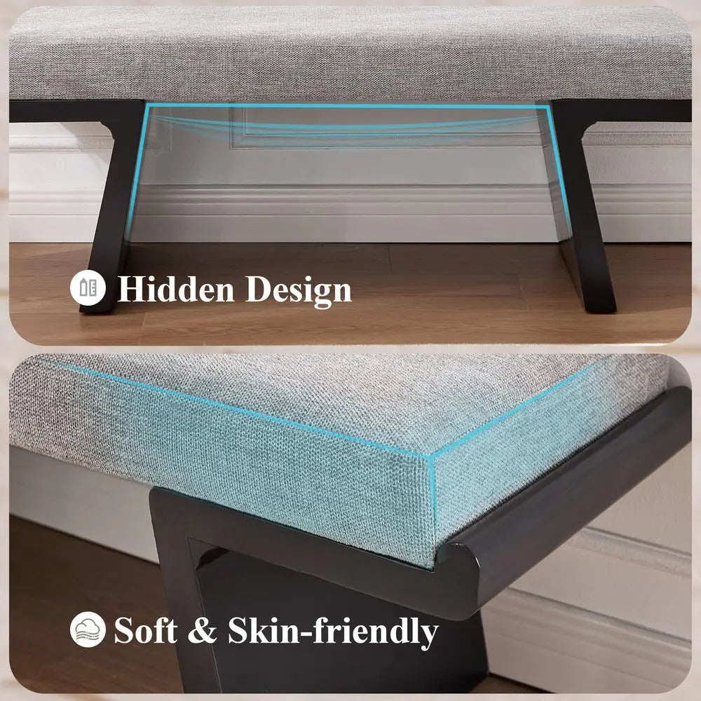 Bed Bench, Upholstered, Solid Wood Legs, Floating Design, Linen Fabric