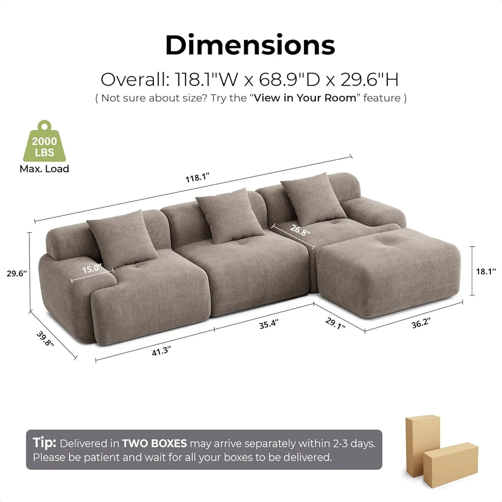 Sectional Sofa Ottoman 118"  L-Shaped Corduroy Deep Seat Oversized