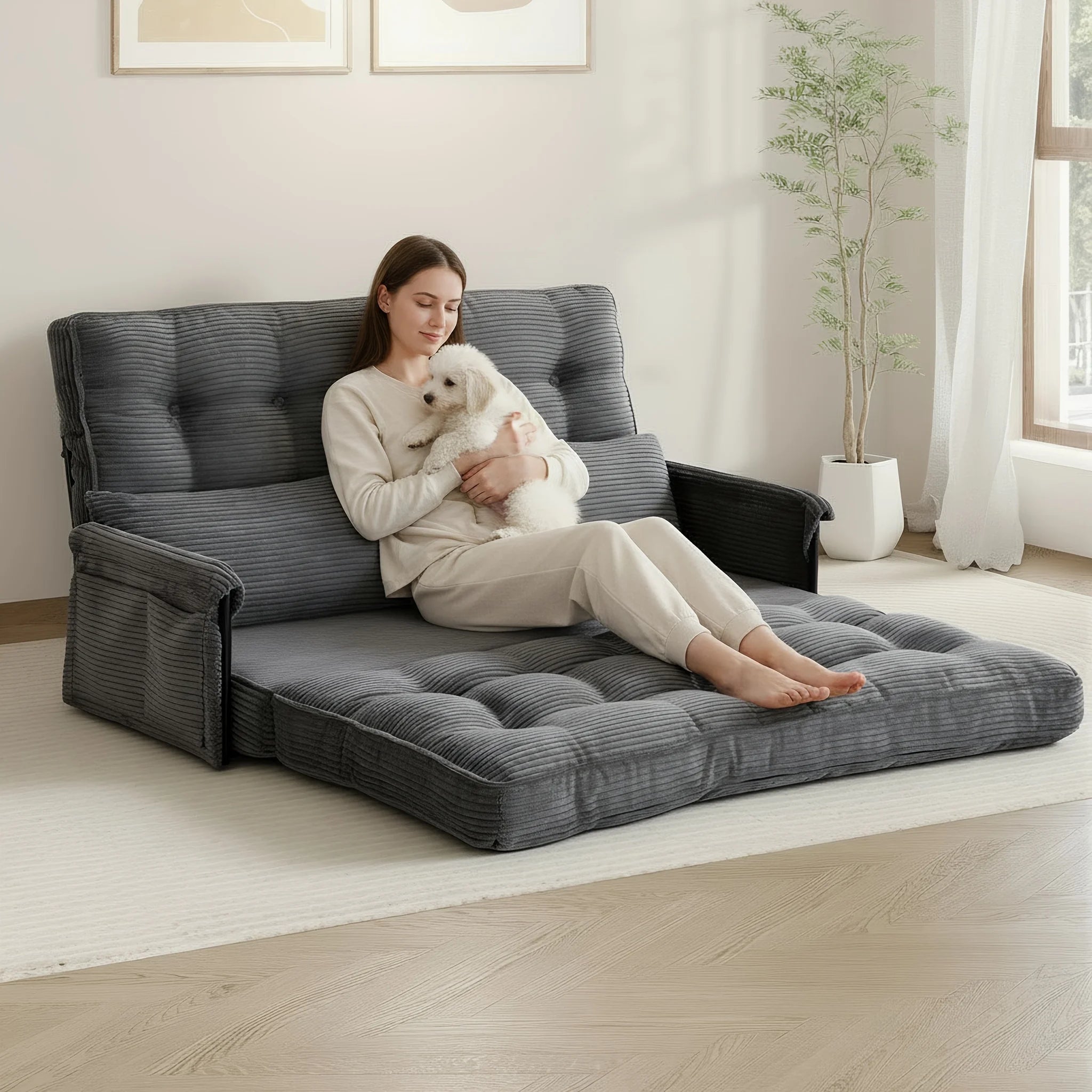 Convertible Foldable Sleeper Chair Memory Foam Corduroy Fabric Metal Frame