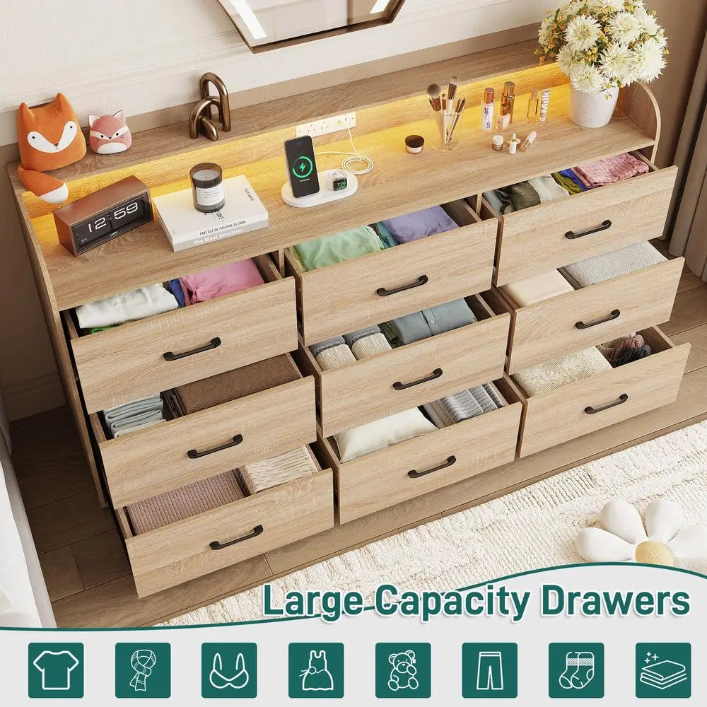 63IN Wood 9-Drawers Dresser, Power Outlet, LED Lights, Deep Drawers