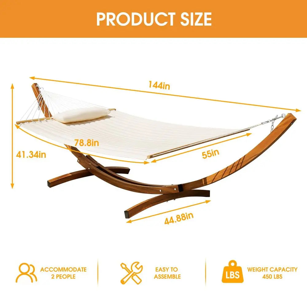 Cotton Fabric Double Hammock, Spreader Bars, 10.5 FT Wood Arc, Wood Stand