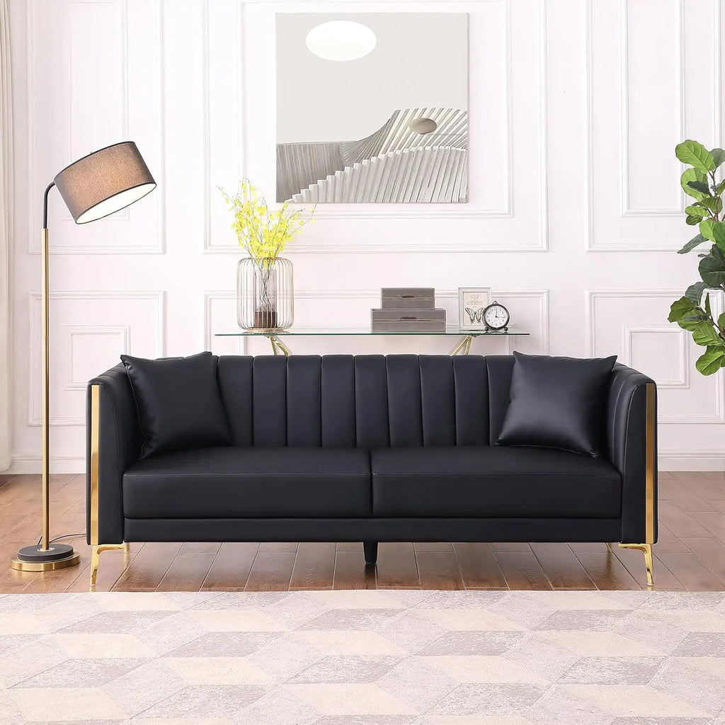 78'' Faux Leather 3-Seater Sofa, 2 Throw Pillows, Gold Meta