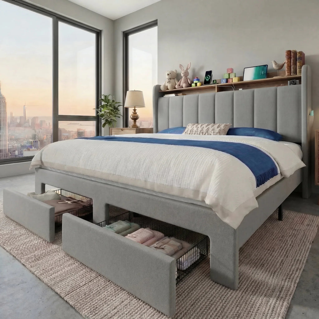Full/Queen/King Bed Frame, 2-Drawer/2-Tier Shelves LED Lights, Charging Station, No Box Spring
