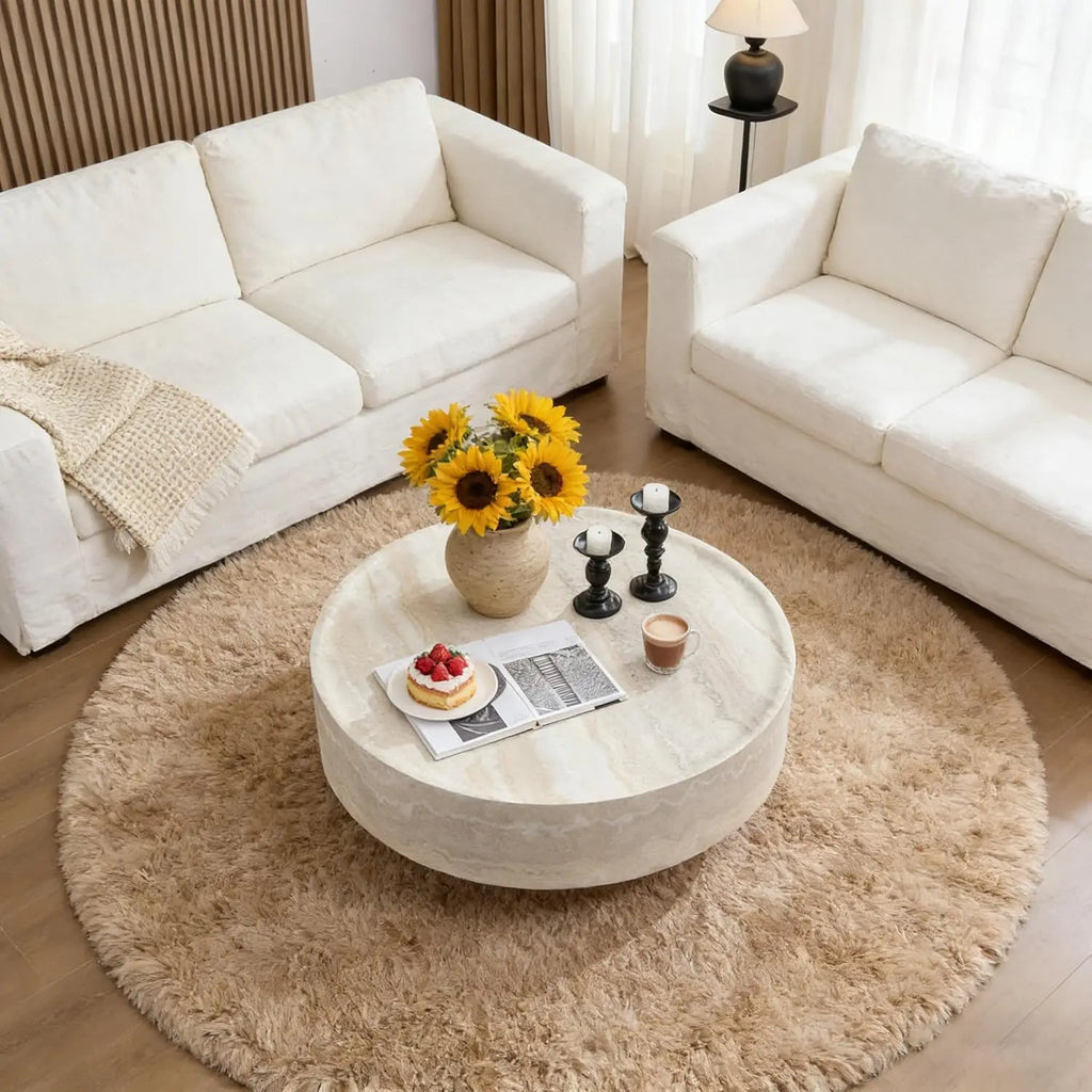 Luxury Faux Marble Round Coffee Table, 35.43IN, Drum Stone Center