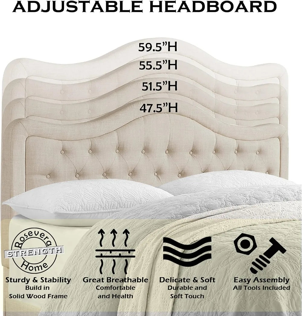 For King Bed, Adjustable Height Tufted Upholstered Headboard