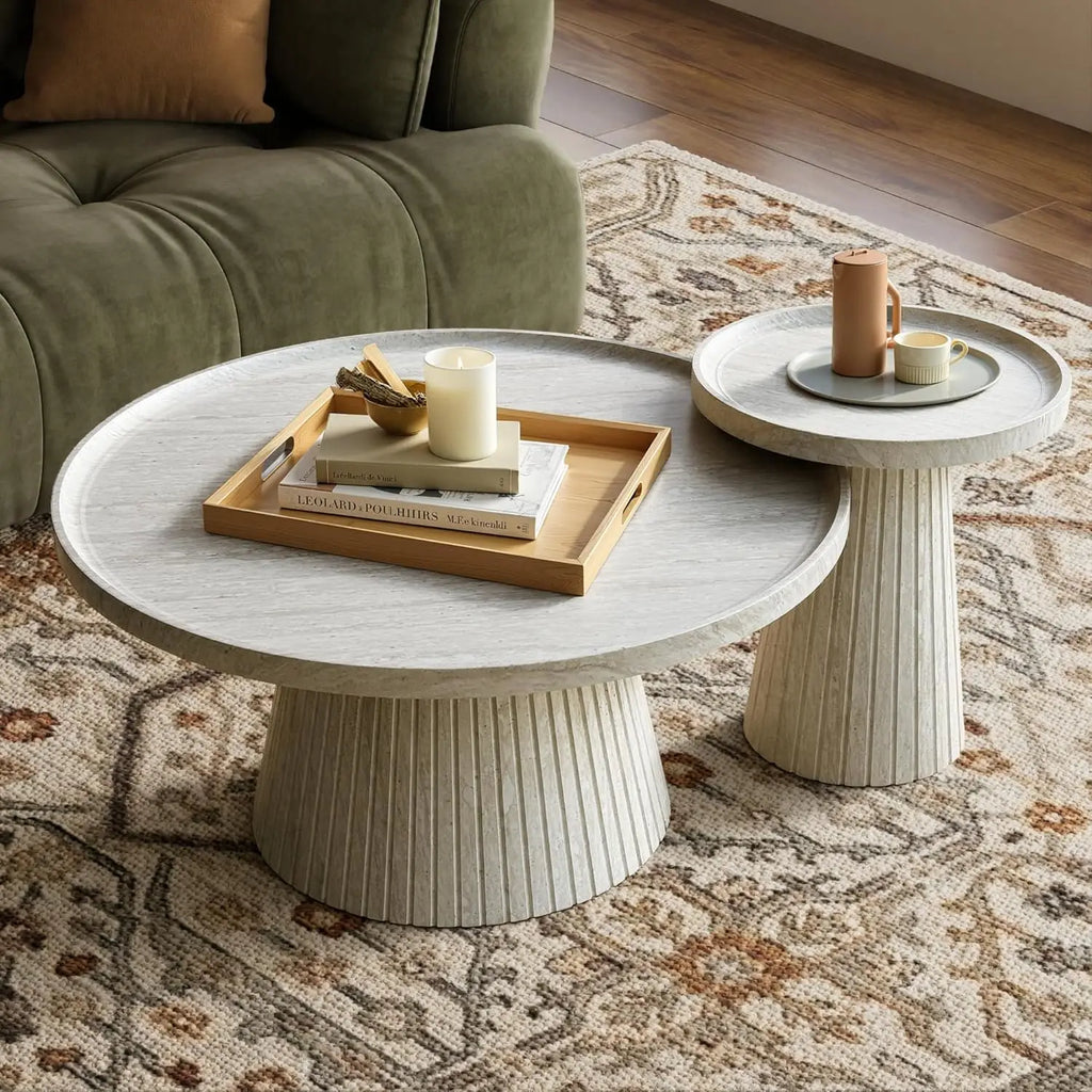 Coffee Table Set of 2, Fluted Faux Stone Veneer, Travertine Tea Table