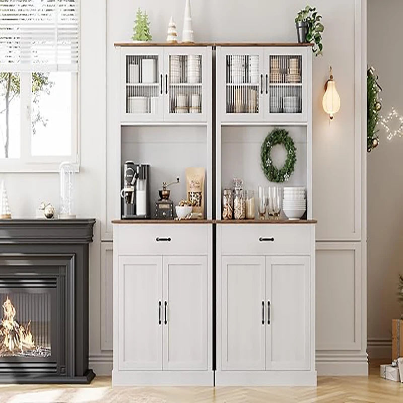 Pantry 71" Tall Buffet Glass Doors Hutch Storage Cabinet, Freestanding