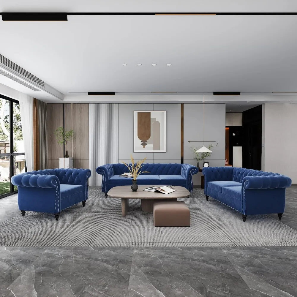 3-Piece Set, Velvet Chesterfield Sofa, Loveseat, Chair with Scroll Arms