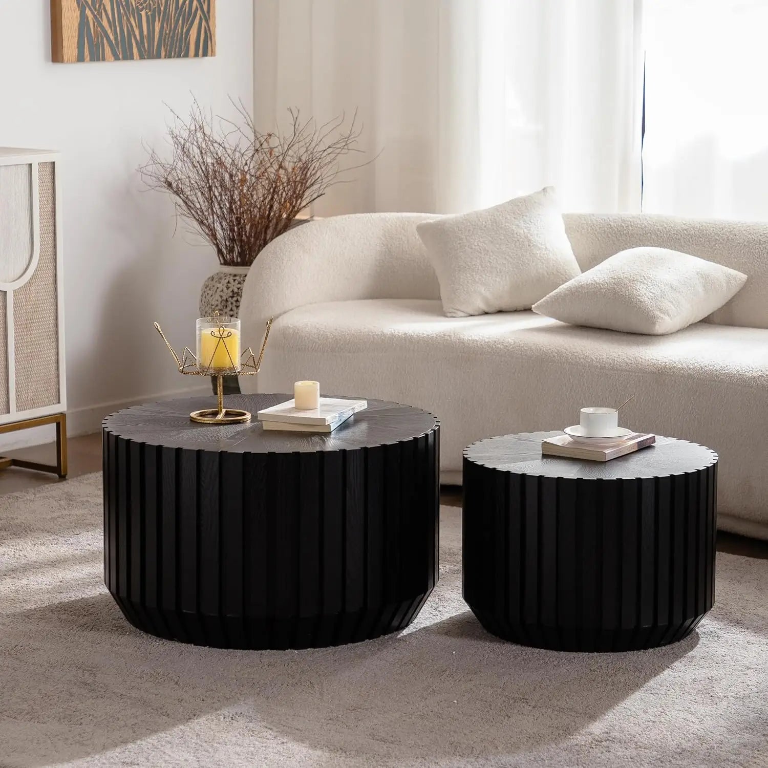 47.25" Round Wood Drum Coffee Table Set 2 No Assembly