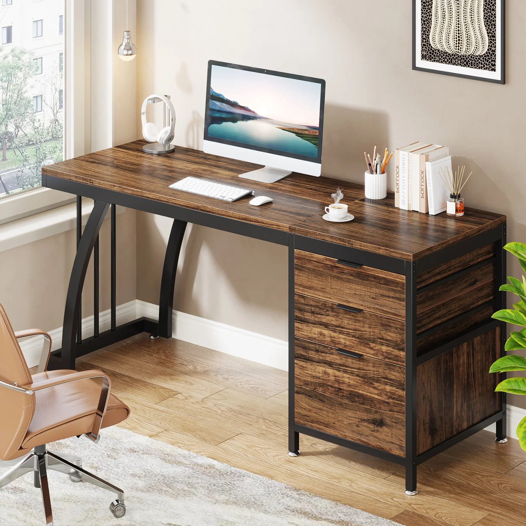 59IN Computer Desk w/3 Drawers, Reversible Drawers Adjustable Foot Pads