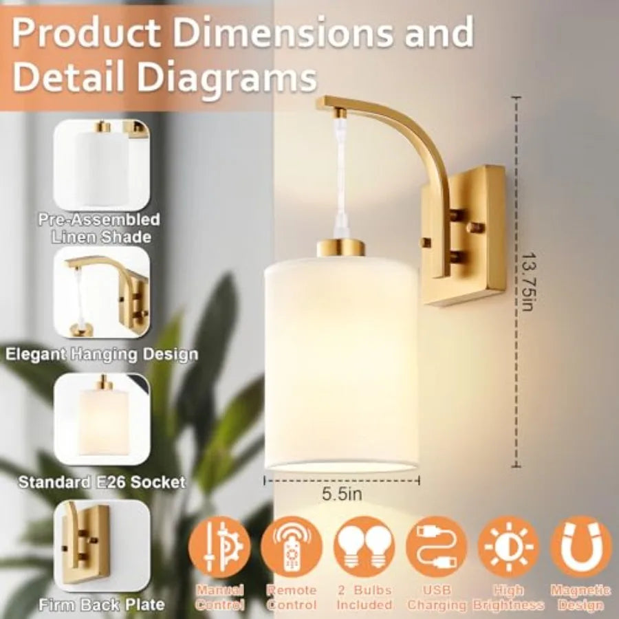 Battery Operated Wall Sconces Set-of-2, Brass Gold Rechargeable w/Remote, Bulbs