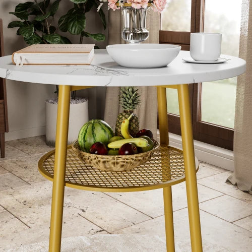 3 PC Dining Table and Chairs Set with 2 Stools Faux Marble Tabletop