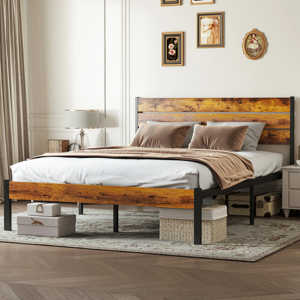 Wood Headboard Metal Platform No Box Spring 700LBS Sturdy Wood Slats
