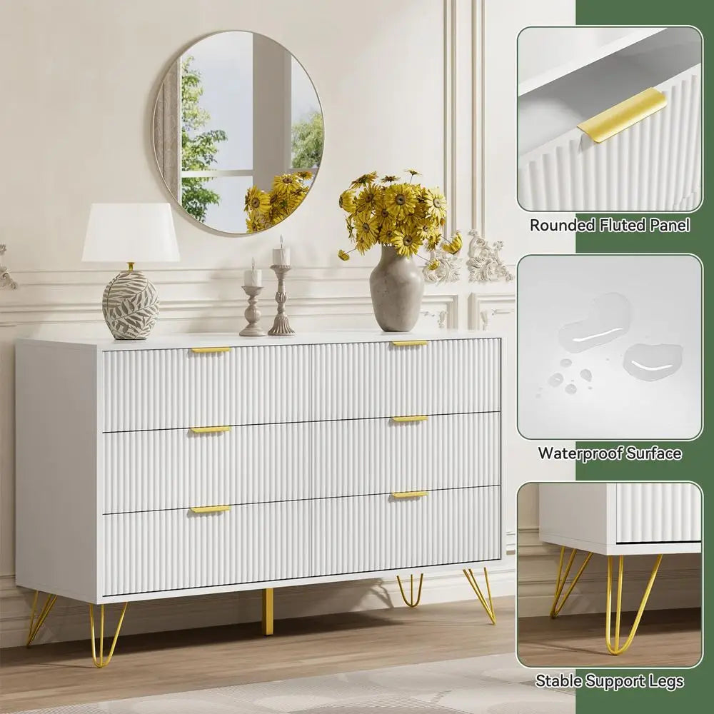 Fluted 3 Piece:  6-Drawer Dresser, (2) 2-Drawer Nightstands