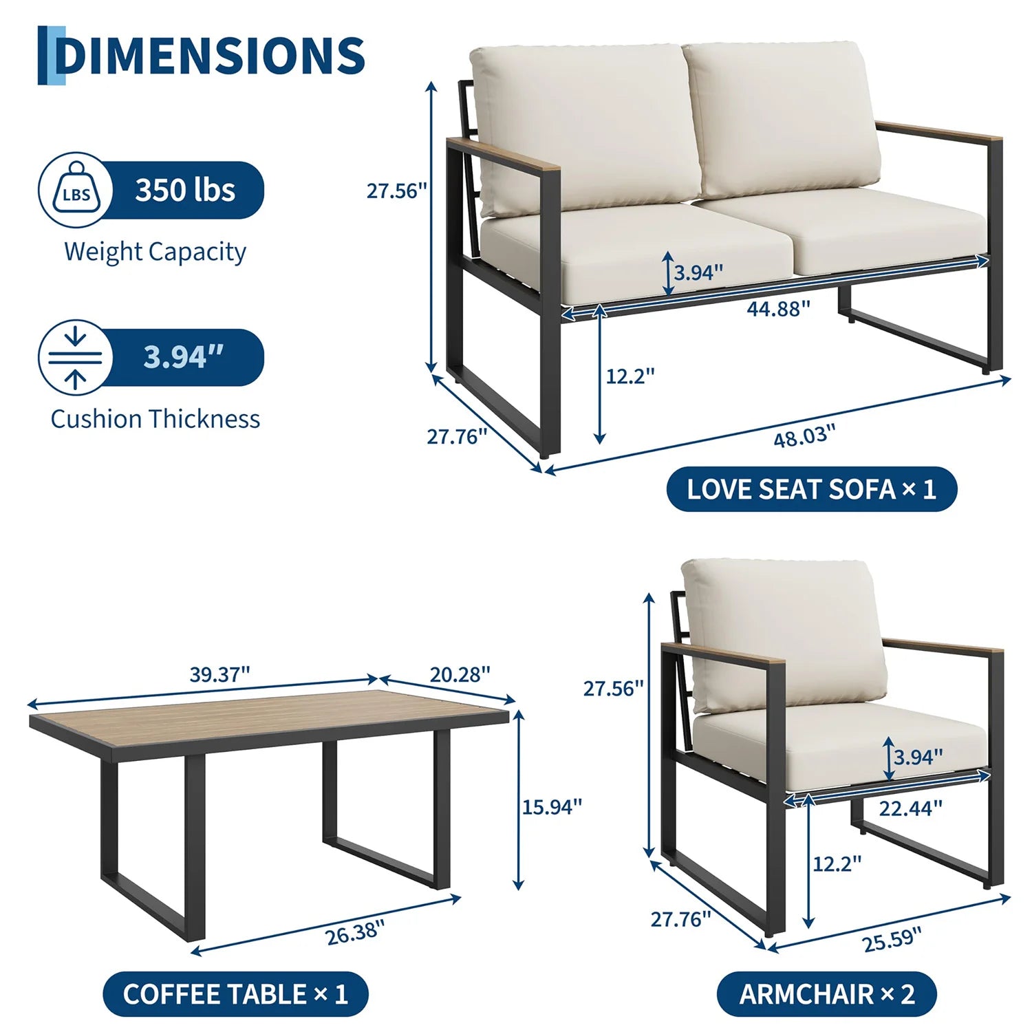 4-Piece Patio Sectional Sofa Set, Coffee Table Thick Washable Cushions