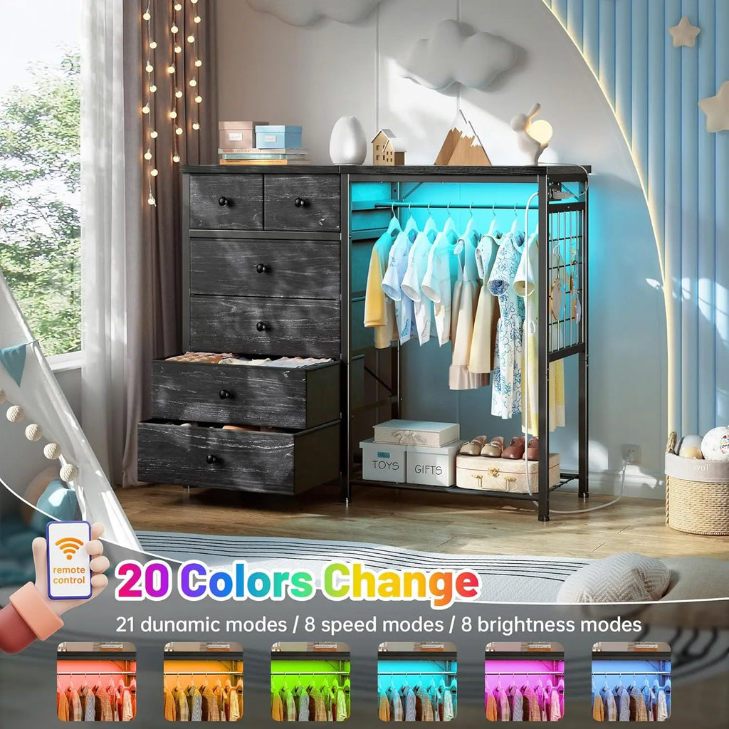 49.2" Dresser w/Hanging Rack, 6 Drawers, LED Lights , Charging Station, Fabric Dressers