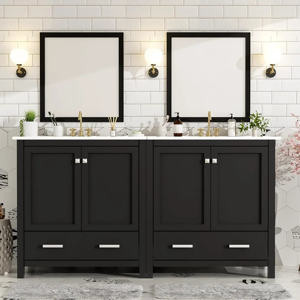 60" Separate 30" Double Sink Solid Wood 2 Cabinets 2 Drawers