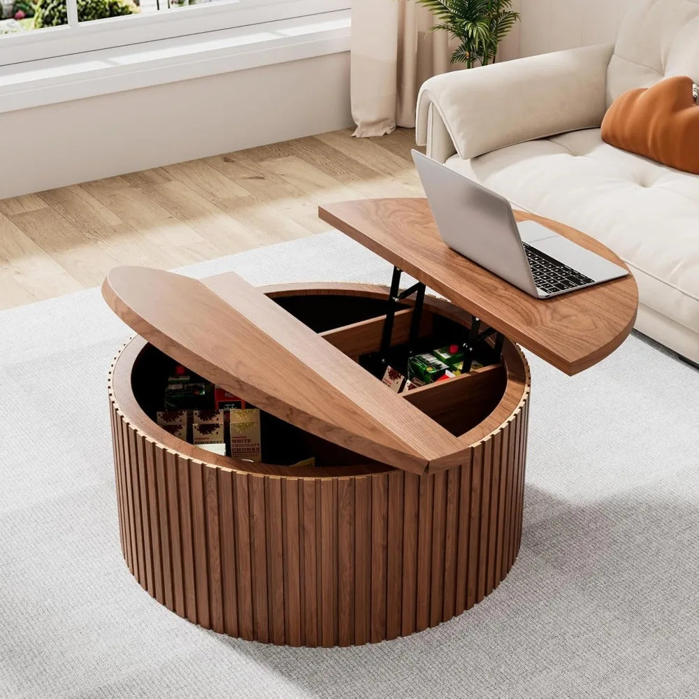 Fluted  31.6IN Round Lift Top Coffee Table with Hidden Storage