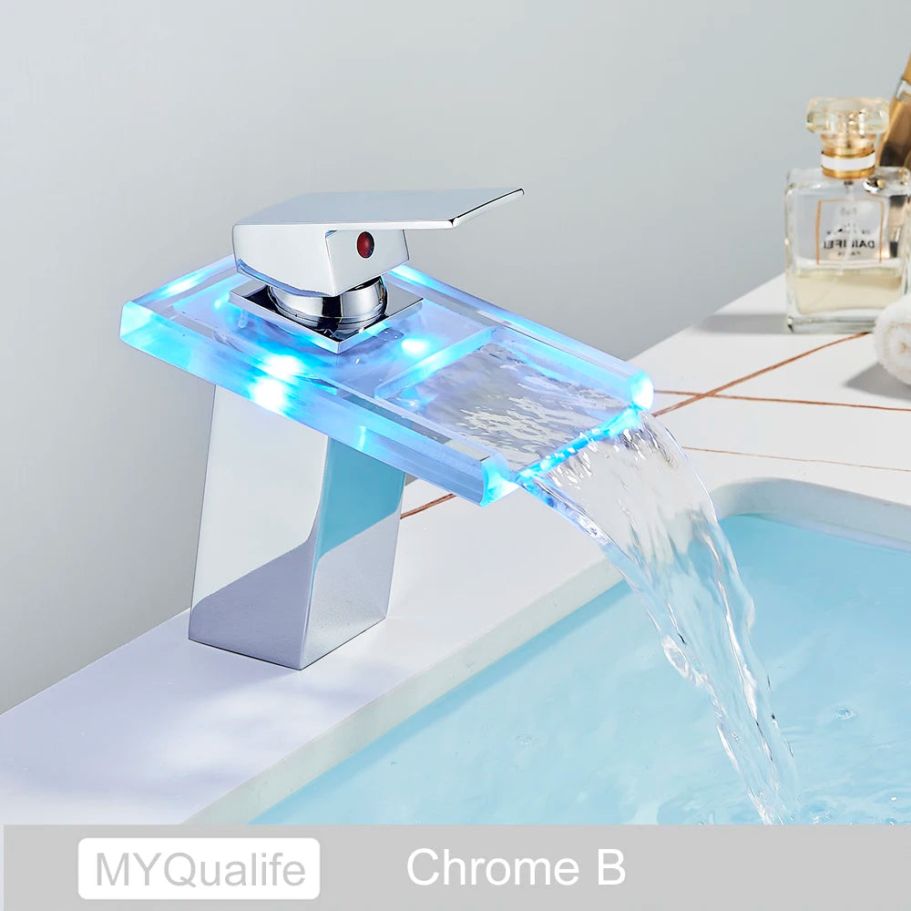 LED Color Changing Waterfall Faucet, Deck Mounted Hot/Cold Mixer Tap